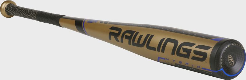UT9V5 Rawlings 2019 Velo -5 bat with a gold one-piece construction and black/blue accents