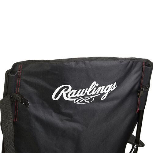 Black back of a Rawlings high back fold-up chair with a white Rawlings logo at the top - SKU: 00184043511