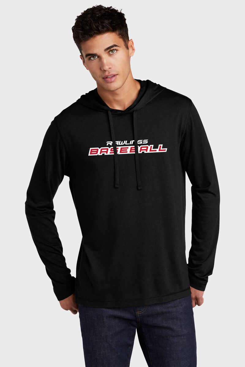 A man wearing a black lightweight Rawlings Baseball performance hoodie - SKU: RSGLH-B