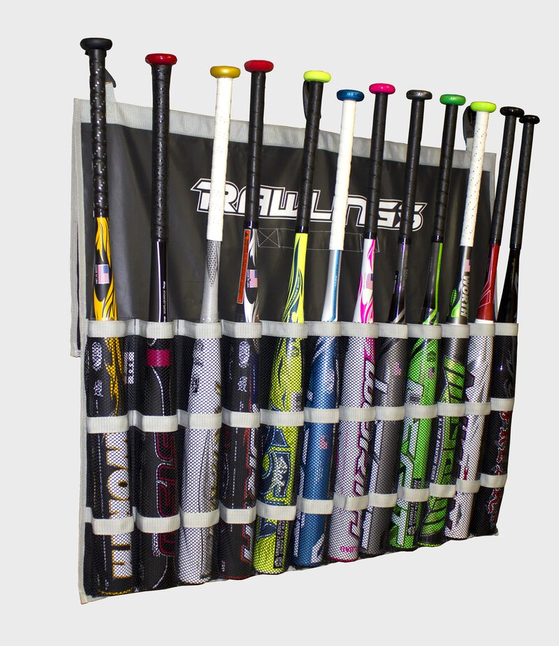 A black Rawlings hanging bat bag filled with 12 bats - SKU: FBB-B