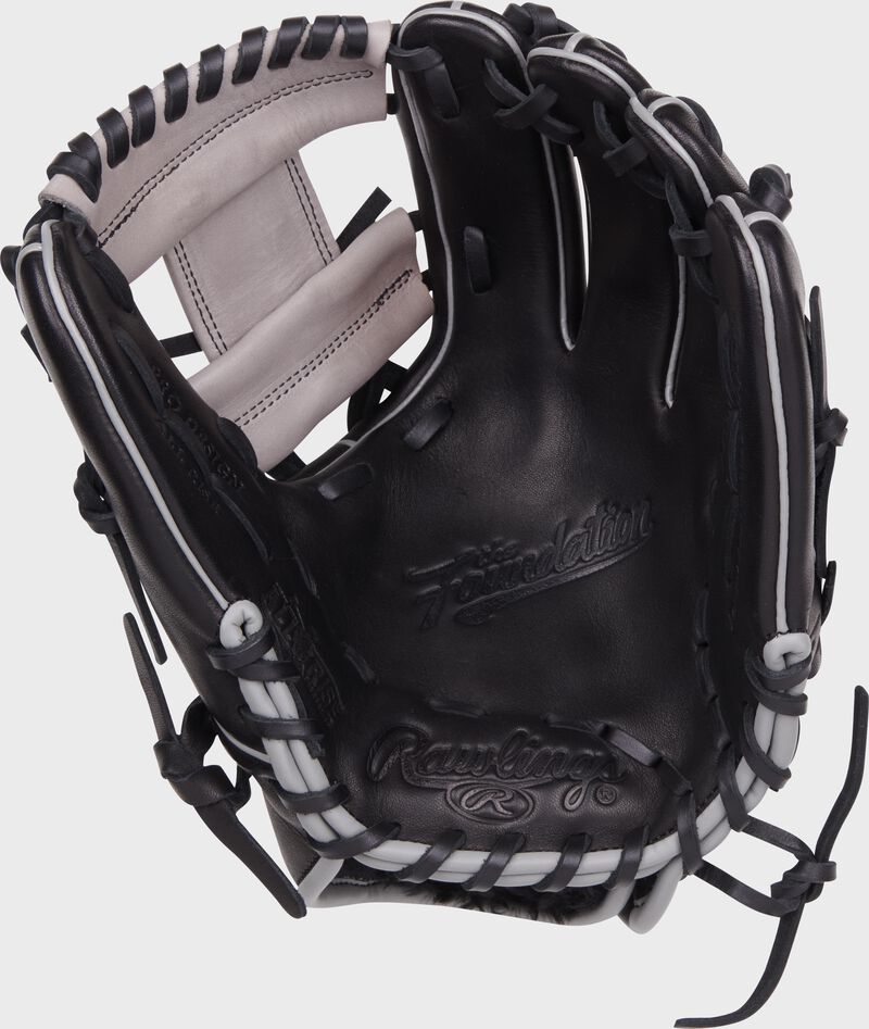 Black palm of a Rawlings Foundation Series youth infield glove with black laces - SKU: RSGRF204-2B
