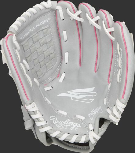 SCSB105P Rawlings Sure Catch Softball youth glove with a grey palm and white laces