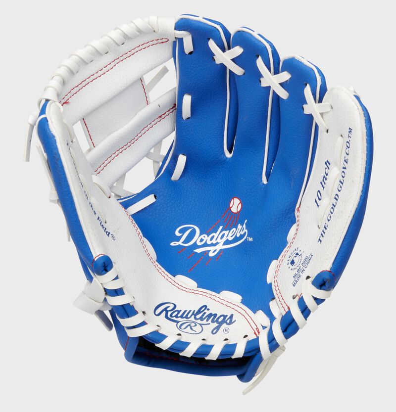 A blue/white Rawlings Los Angeles Dodgers youth glove with a Dodgers logo stamped in the palm - SKU: 22000011111