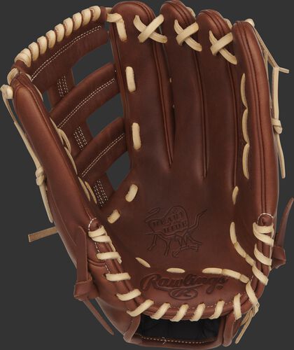 Timberglaze palm of a Rawlings Nick Markakis outfield glove with camel laces - SKU: PRO435-NM22