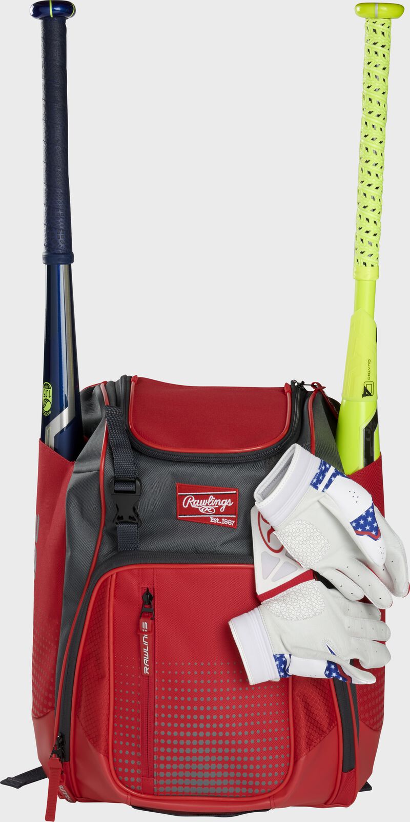 A scarlet Franchise backpack with two bats in the sides and batting gloves on the front Velcro strap - SKU: FRANBP-S