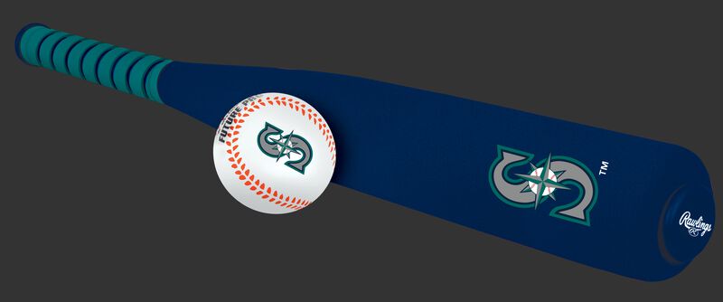 Side of Rawlings Seattle Mariners Foam Bat and Ball Set in Team Colors With Team Name and Logo On Front SKU #01860015111