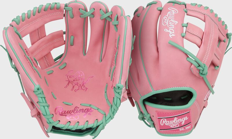 Two images showing the palm & back of a Rawlings Heart of the Hide 11.75-Inch Pink Infield Glove