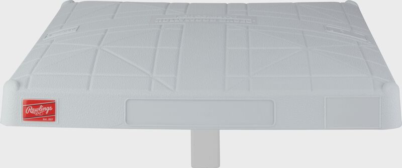 A white 18" Jack Corbett MLB Hollywood base with a Rawlings patch logo and the stanchion coming out of the bottom - SKU: JCHB