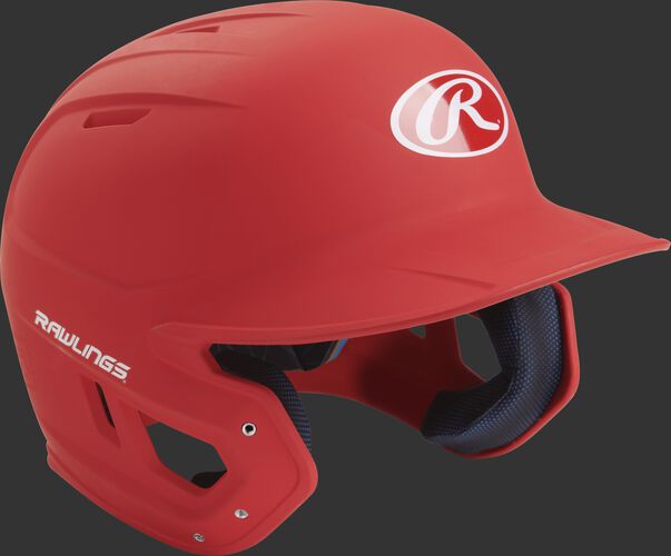 Right angle view of a matte MACH Senior batting helmet with a scarlet shell