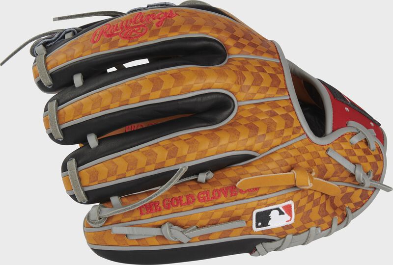 Tan embossed back of a ColorSync 8.0 Heart of the Hide 11.5" infield glove with the MLB logo on the pinky - SKU: PRO934-2TS