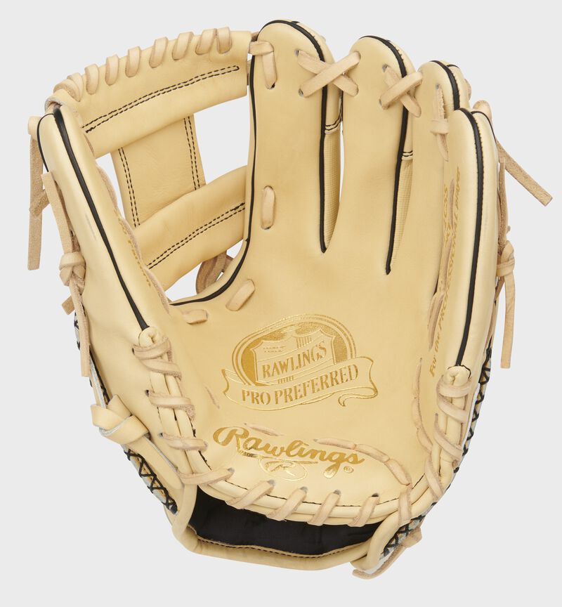 Camel palm of a Pro Preferred 11.5-Inch infield glove with a camel web and laces - SKU: PROS204-2CSS