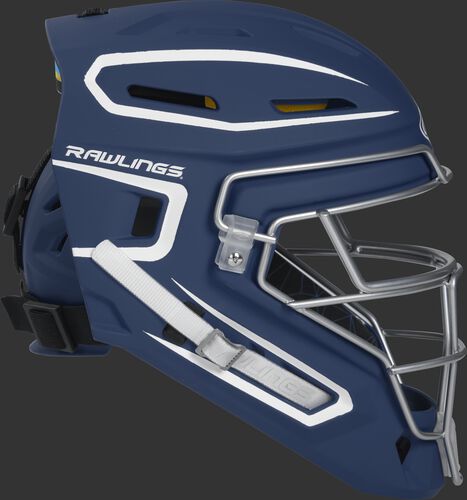 Right side of a navy CHMCHJ Mach junior size catcher's helmet