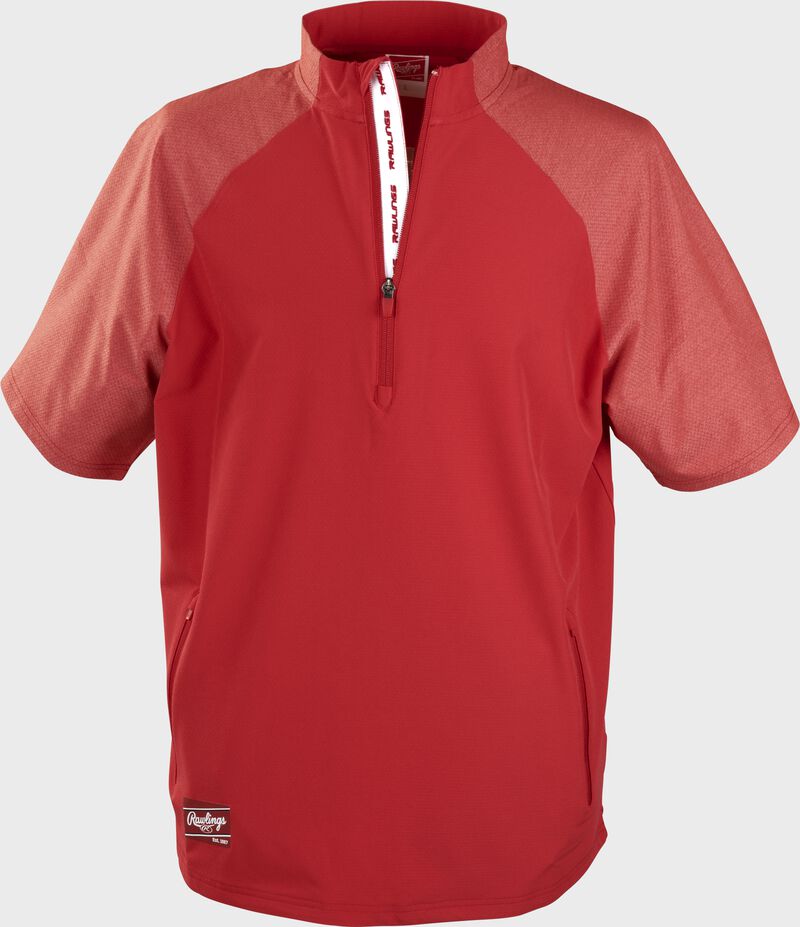 Front of a scarlet Rawlings ColorSync short sleeve cage jacket - SKU: CSSSJ2-S