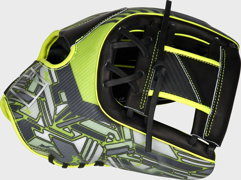 Web back view of neon green and black 2022 REV1X 11.75-inch infield glove