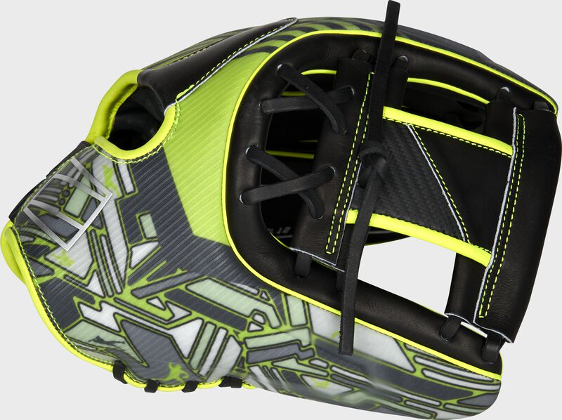 Web back view of neon green and black 2022 REV1X 11.75-inch infield glove image number null