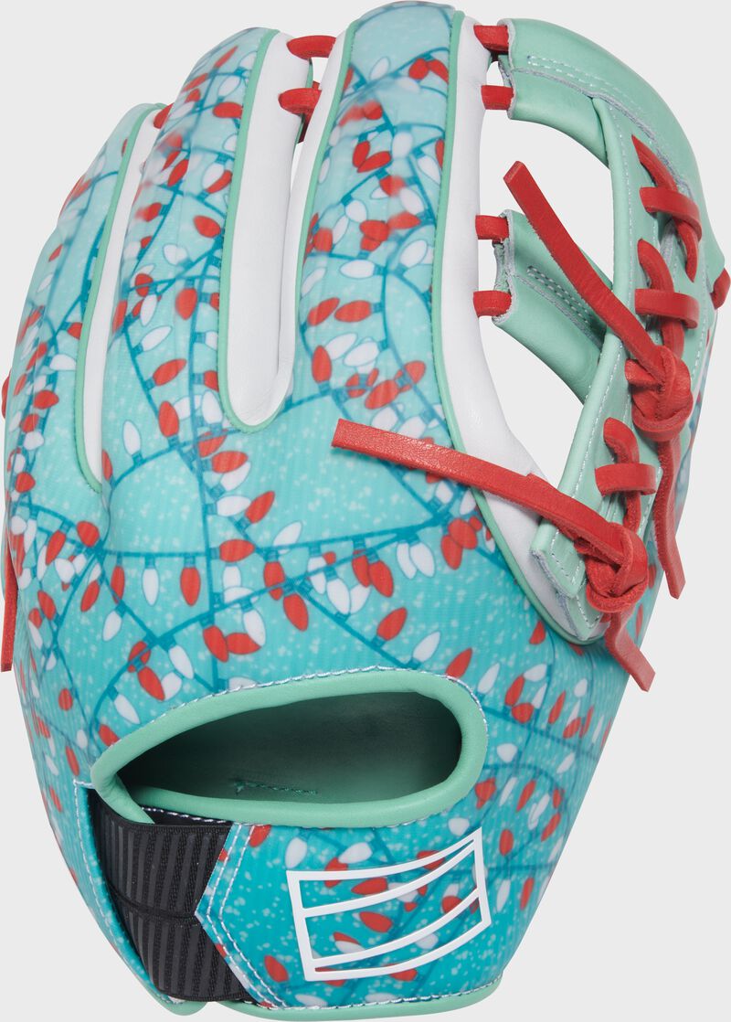 Holiday lights design back of a REV1X 11.75" Holiday Lights infield glove