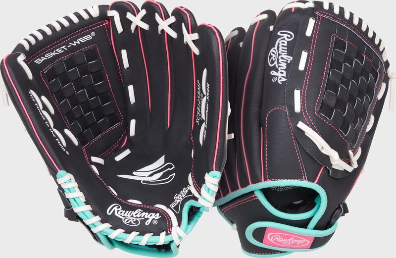 Two images showing the back & palm of a black/mint/pink Sure Catch Softball 12.5-inch Youth Softball Glove