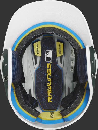 Inside of a Rawlings MACH baseball helmet with IMPAX durable foam padding