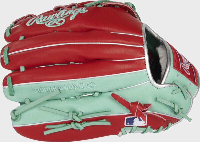 Back of a scarlet/ocean mint Byron Buxton Pro Preferred Gameday 57 glove with the MLB logo on the pinky - SKU: PROSJD0-BB25