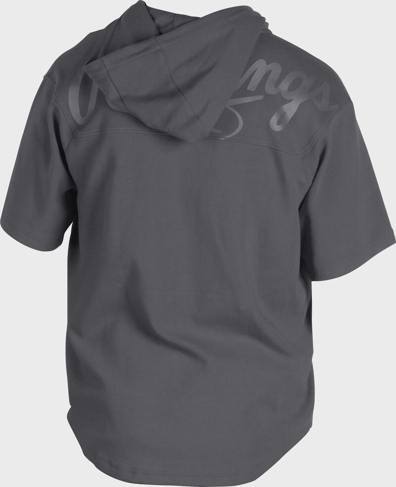 Back of a gray Rawlings Gold Collection short sleeve hoodie with a gray script Rawlings logo across the back - SKU: GJJ-GR
