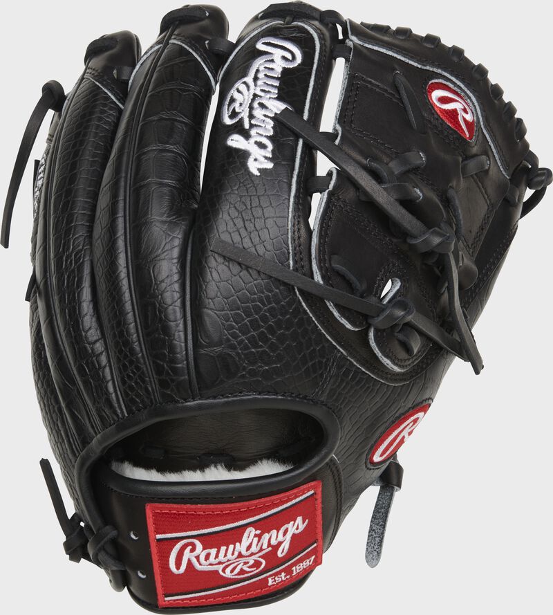 Black croc embossed back of a Jacob deGrom Pro Preferred glove with a red Rawlings patch - SKU: PROSJD48