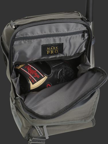 Glove compartment of a gray R701 Rawlings backpack with black glove