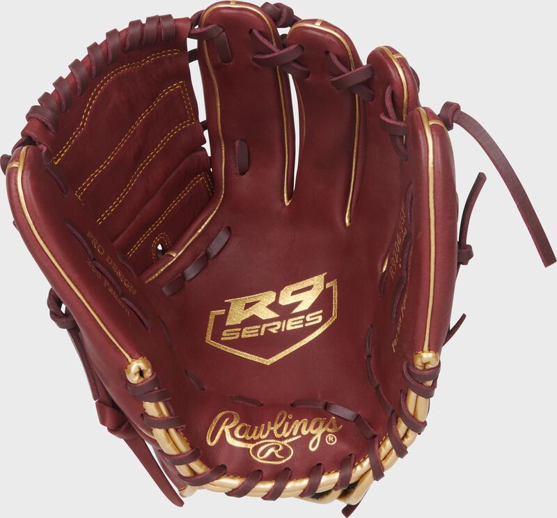 Sherry palm of a R9 Series 12-Inch Infield/Pitcher's Glove with gold stamping