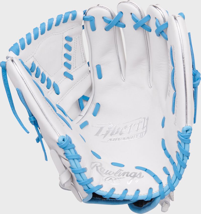 Palm of a white/Columbia blue Liberty Advanced 12-inch Fastpitch Softball Glove
