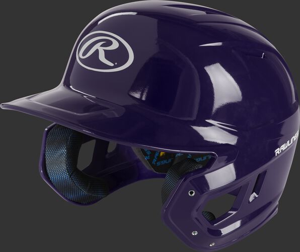 Left angle of a purple MCH01A Mach high school batting helmet