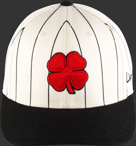 Front of a white Retro Rawlings Black Clover hat with black pinstripes, a black bill and red clover leaf logo - SKU: BC0R00071