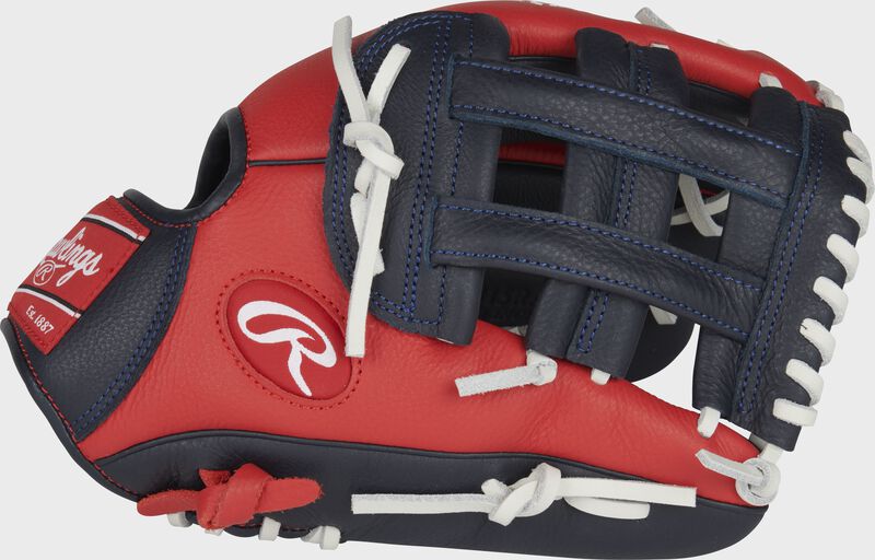 Thumb of a scarlet/navy Select Pro Lite 11.5 in Ronald Acuna Jr. youth glove with a navy H-web - SKU: SPL115RA
