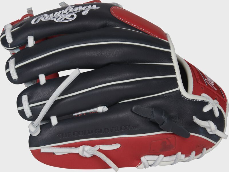Pinky back view of black, red, and white 2022 Breakout 11.25-inch Youth infield glove loading=