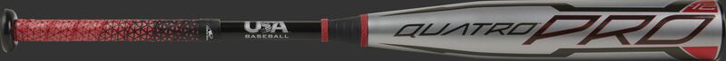 A Rawlings 2021 Quatro Pro -12 USA bat with a silver barrel, black handle and Lizard Skins grip - SKU: US1Q12
