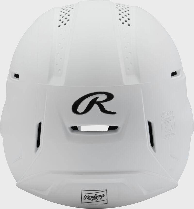 Back of a white Rawlings RX2 fastpitch batting helmet