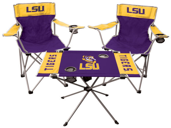 Front of Rawlings Purple and Yellow NCAA LSU Tigers 3-Piece Tailgate Kit With Two Kickoff Chairs, An Endzone Table, And A Transport Bag With Team Logo SKU #00993035511