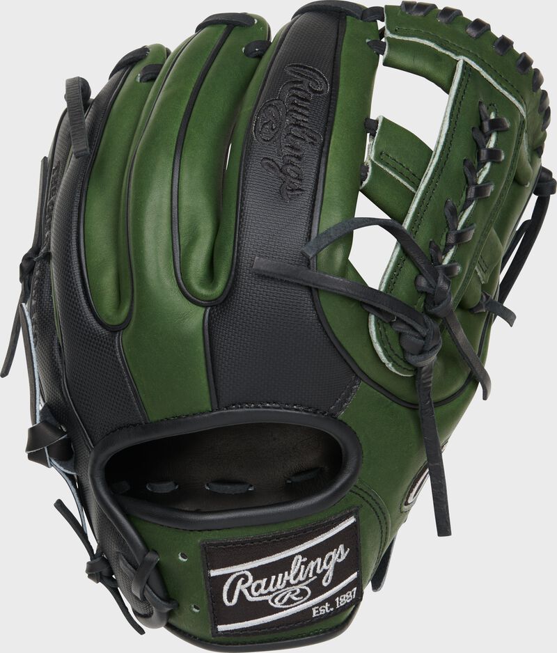 Military Green back of a Heart of the Hide 11.75" R2G split single post web glove with a black Rawlings patch - SKU: PROR315-19BMG