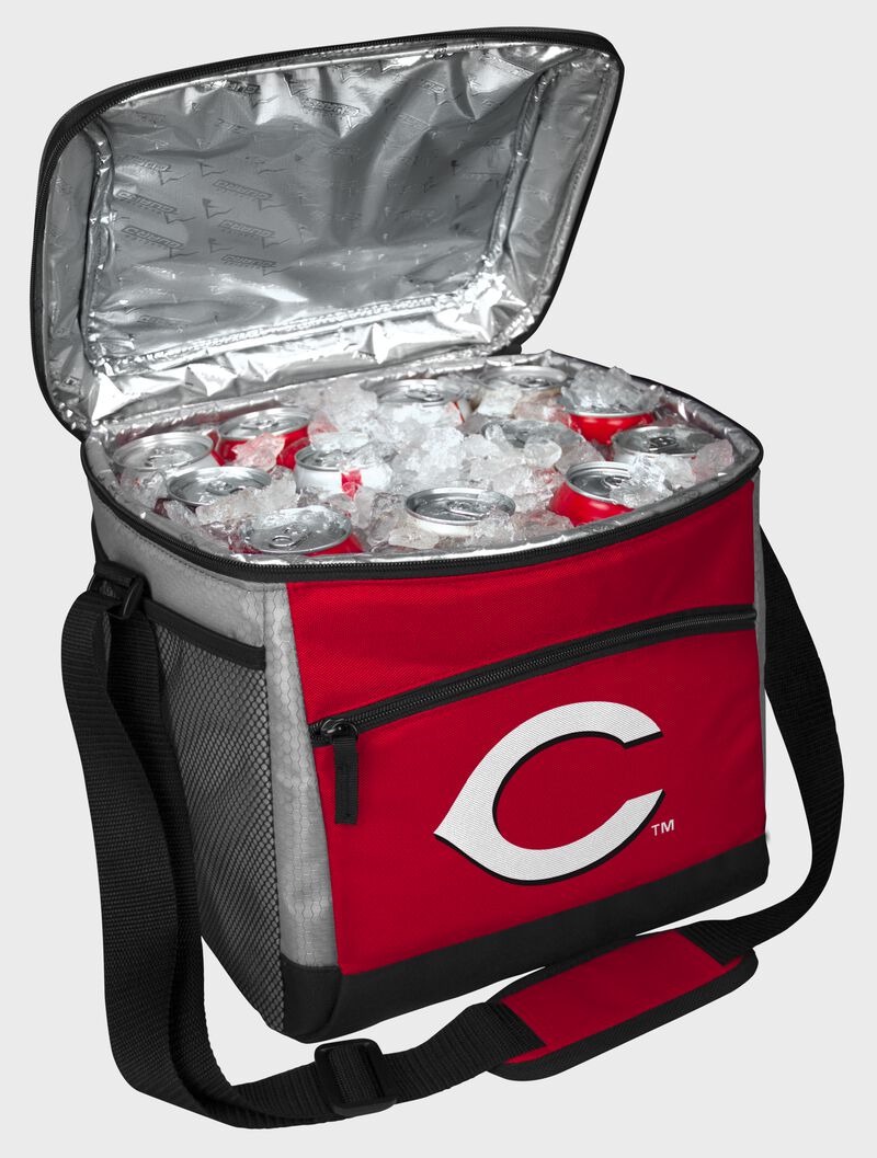 An open Cincinnati Reds 24 can cooler with ice and drinks