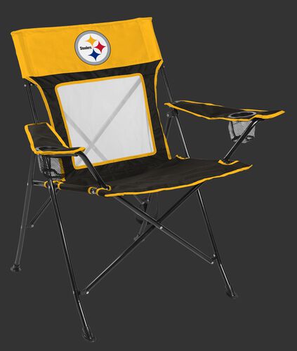 A Pittsburgh Steelers Game Changer chair with a mesh back an team logo on the top