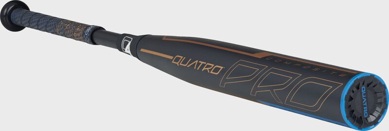 3/4 view of a FPPE10 fastpitch end-load Quatro Pro bat with a navy barrel and rose gold/blue accents