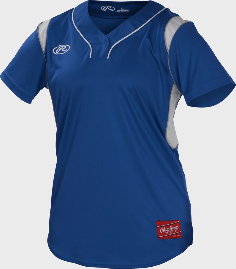 A royal Rawlings hidden button softball jersey with white shoulder & side inserts - SKU: WHBJ-R