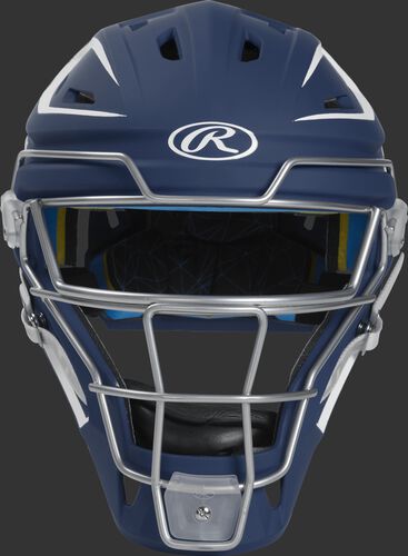 Front of a navy CHMCHJ Mach hockey-style junior catcher's helmet
