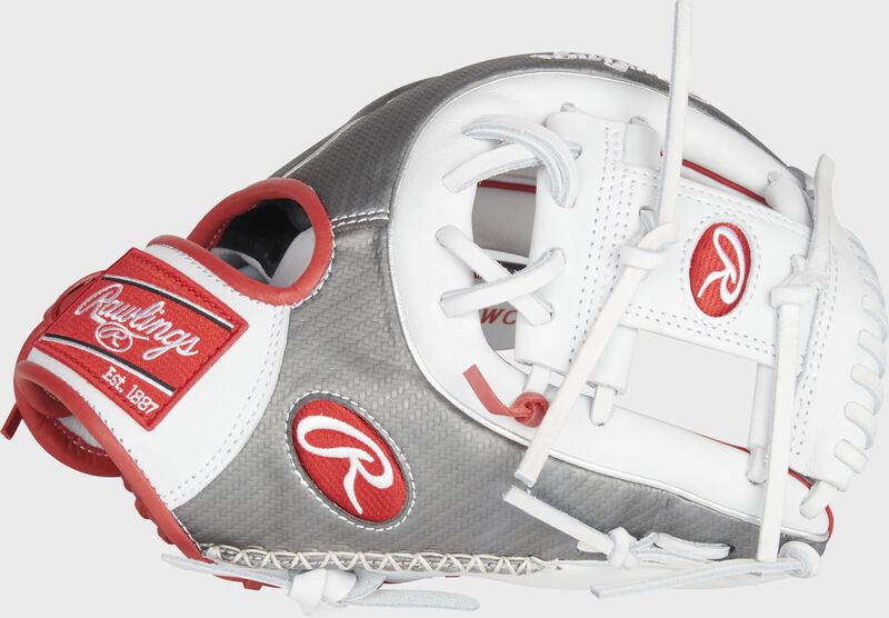 Web back view of white, gray, and red 2021 Exclusive Heart of the Hide R2G hyper shell glove loading=