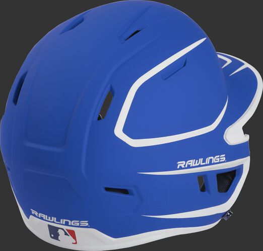 Back right of a two-tone matte royal/white MACH Rawlings senior size batting helmet