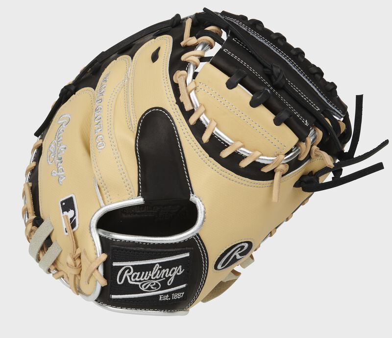Camel Speed Shell back of a Pro Preferred 33-Inch catcher's mitt with a black Rawlings patch - SKU: PROSCM33CBSS