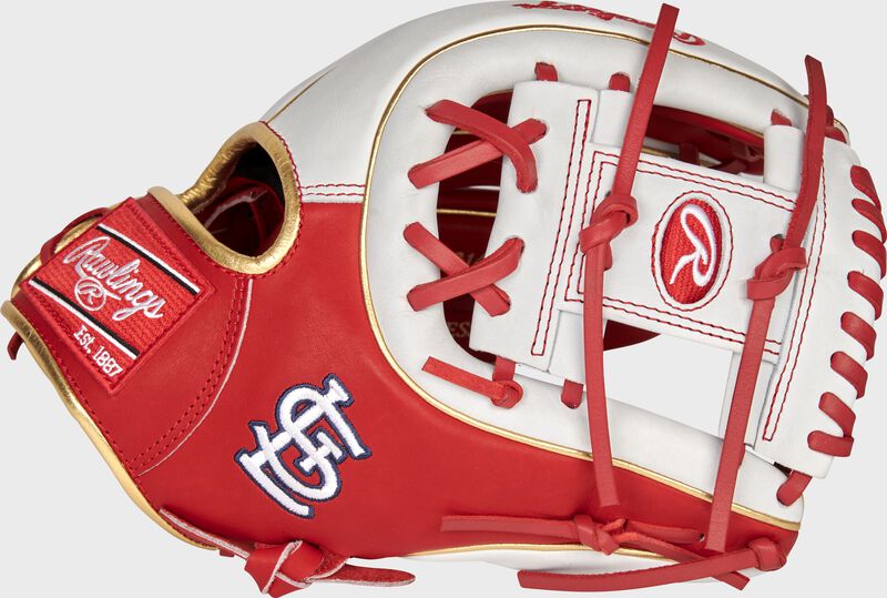 Web back view of scarlet and white 2021 St. Louis Cardinals Heart of the Hide glove