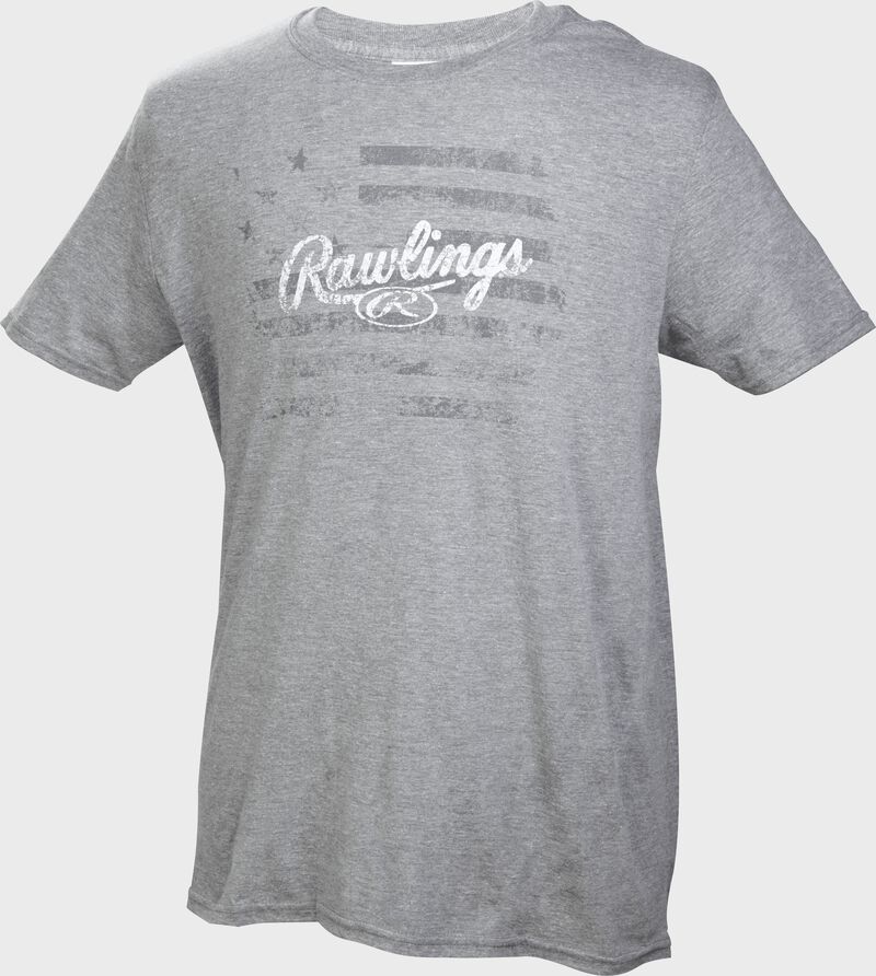 Front of Rawlings Gray Adult Short Sleeve Flag Shirt - SKU #RWFT-67