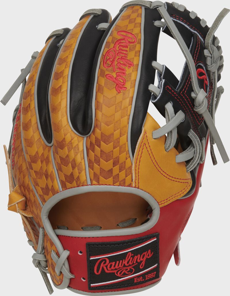 Tan print back of a Heart of the Hide ColorSync 8.0 11.5" I-web infield glove with a black/scarlet Rawlings patch - SKU: PRO934-2TS