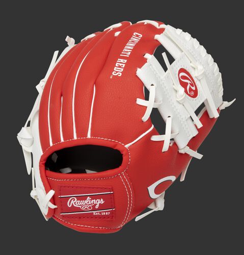 Back of a red/white Cincinnati Reds 10-Inch I-web glove with a red Rawlings patch - SKU: 22000023111