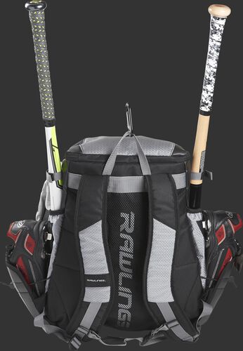 Back of a R1000 Rawlings Gold Glove Series equipment backpack with gray shoulder straps