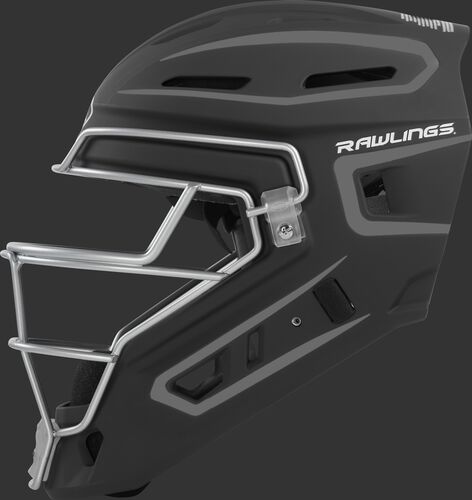 Left side of a black CHV27J Rawlings hockey style Velo 2.0 catcher's helmet
